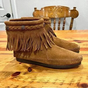 Minnetonka High Top Back Zip Boot Brown Suede womens